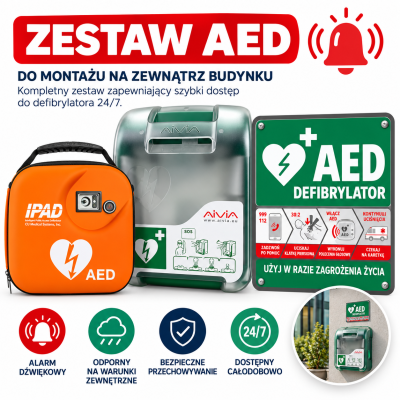 ZESTAW: Defibrylator AED CU IPAD SP1 p/a + Szafka AIVIA V3 z wentylacją i grzaniem + tablica AED